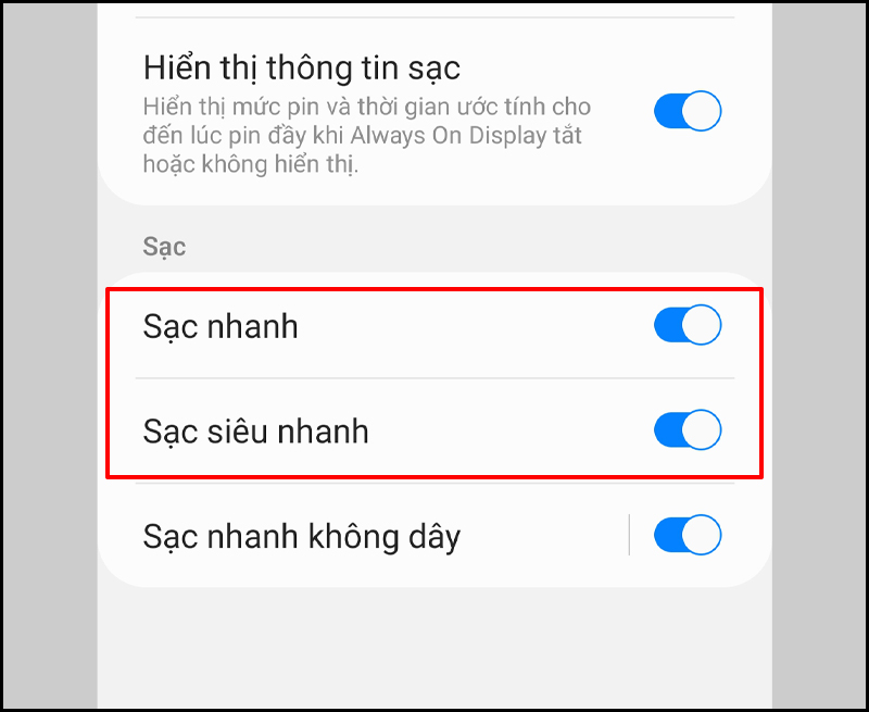 Bật, tắt sạc nhanh